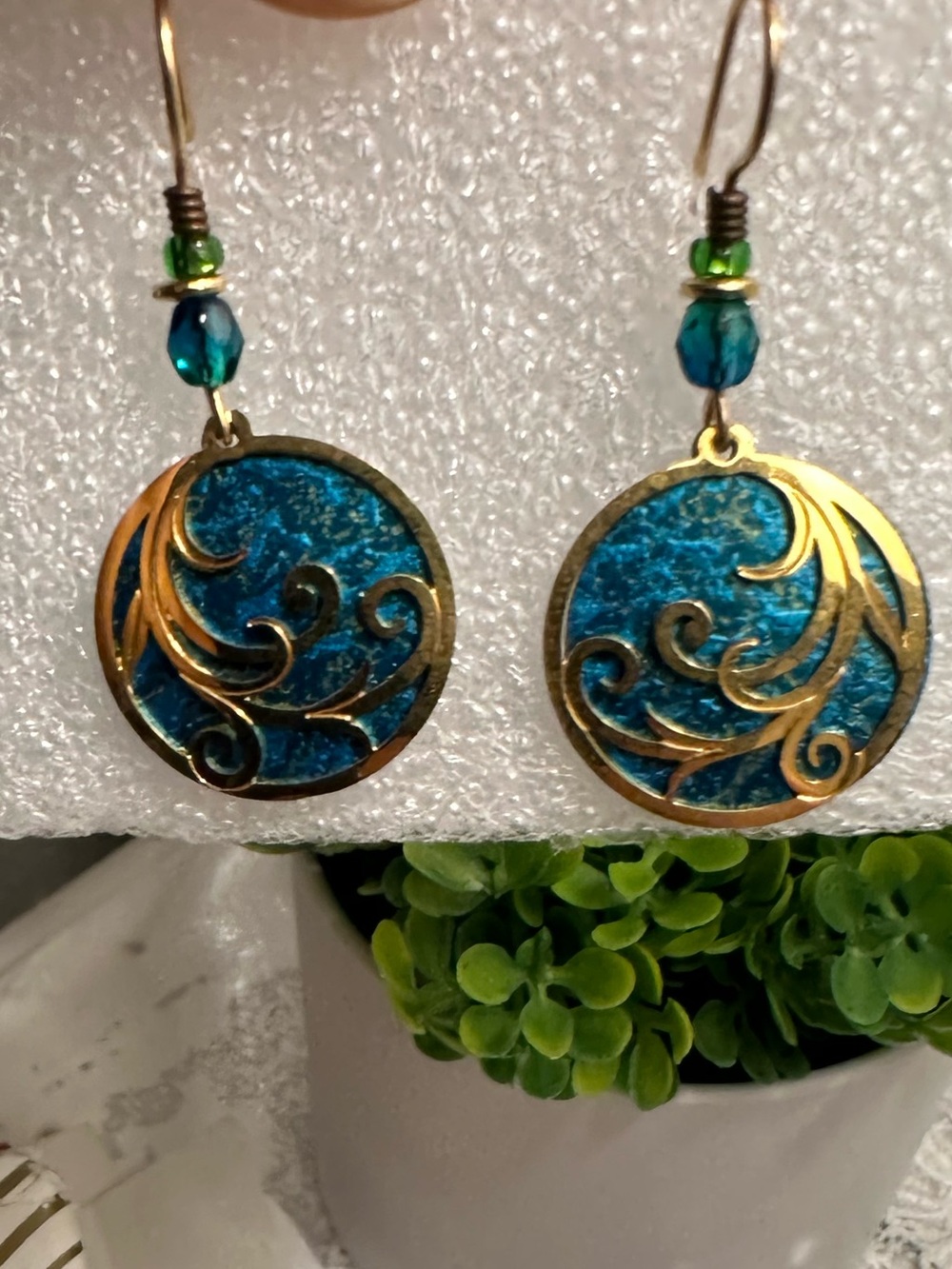 Teal and Gold Filigree Round Drop Earrings - Picture 2 of 3
